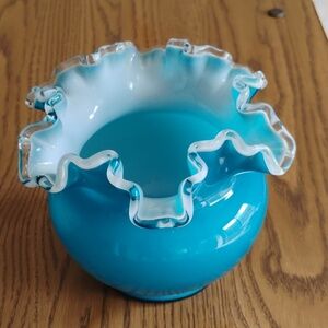 Fenton Turquoise Blue Ruffled-Edge Glass Vase with Clear Trim